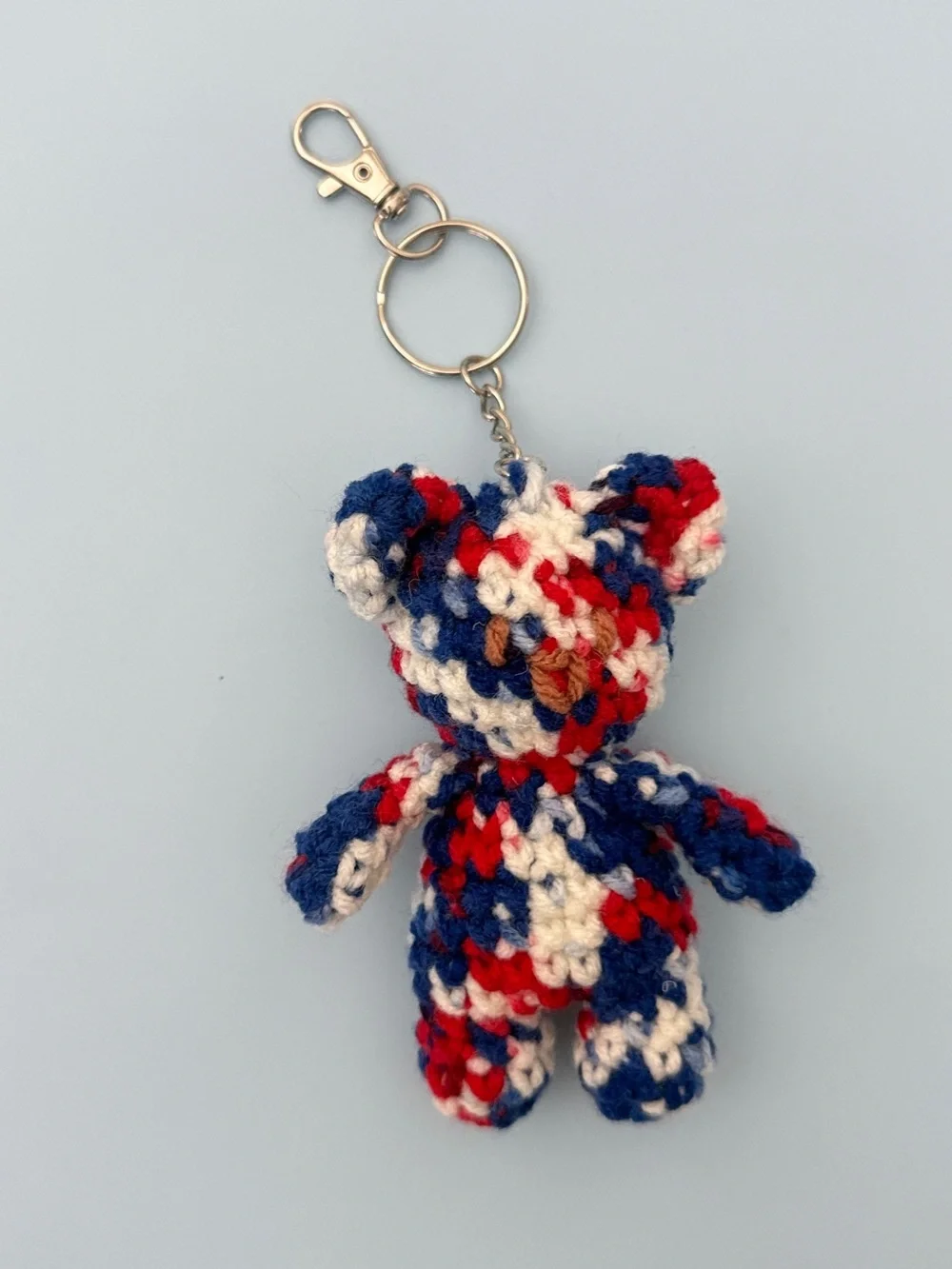 Handmade Crochet Teddy Keychain - Red, Blue & Cream